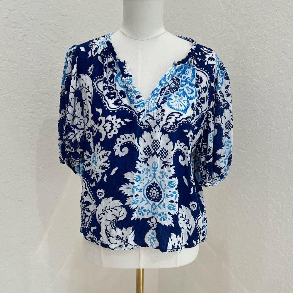 Rachel Zoe Blue and White Patterned Top